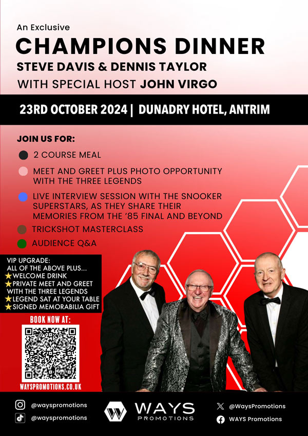 Champions Dinner: Steve Davis and Dennis Taylor with John Virgo